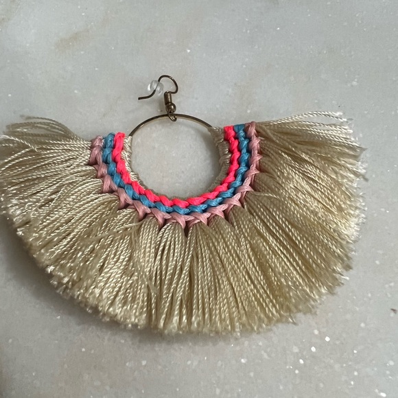Cream String/Tassel Hoop Earrings w/ Pink & Blue Accents - Picture 5 of 7